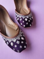 Purple satin khussa with silver mirror work for women, Pakistan