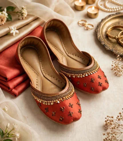 Pair of handcrafted rust red khussa with pearl, sequin and floral beadwork on the toe