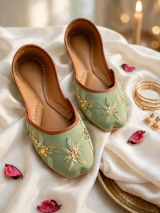 Pair of sage green khussa shoes with tan leather trim and floral embroidery on white fabric