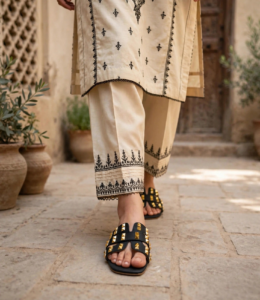Woman walking in black studded flat sandals with cream embroidered Pakistani kurta and trouser