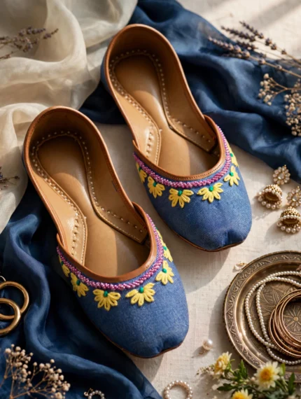 Thin sole denim khussa for women with yellow embroidery and pink beadwork on navy scarf