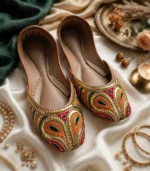 Tilla khussa online Pakistan styled with jewelry and flowers