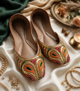 Tilla khussa online Pakistan styled with jewelry and flowers