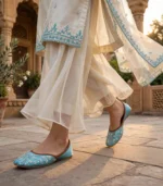 Bridal walk wearing turquoise embroidered khussa Pakistan