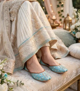 Turquoise embroidered khussa paired with ivory bridal dress
