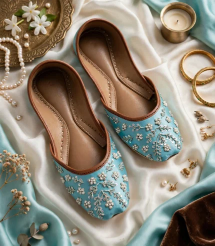 Turquoise pearl khussa flat lay with jewelry Pakistan