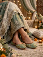 Ultra thin sole khussa in sage green with gold sequin embroidery for festive wear