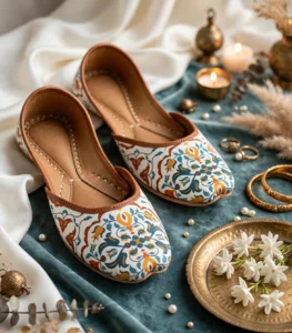 Ultra thin sole khussa for women in white floral Mughal print with tan trim