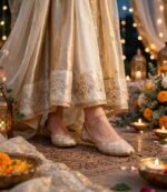 Golden wedding khussa for women styled with a cream and gold festive outfit