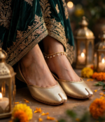 Gold wedding khussa with emerald green velvet embroidered outfit