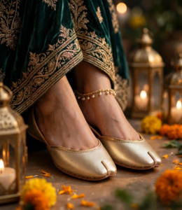 Gold wedding khussa with emerald green velvet embroidered outfit