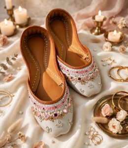 Wedding khussa online Pakistan flat lay with mirror work and pearls