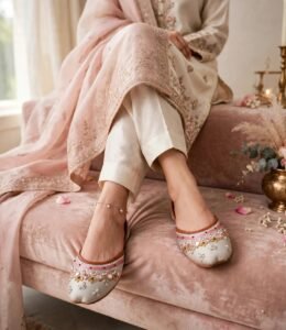 Wedding khussa online Pakistan matched with pink and ivory dress