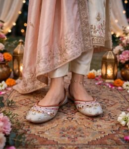 Wedding khussa online Pakistan worn at mehndi with pink dupatta