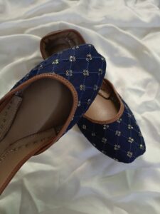 Blue denim khussa for women with brown leather trim, handmade in Pakistan