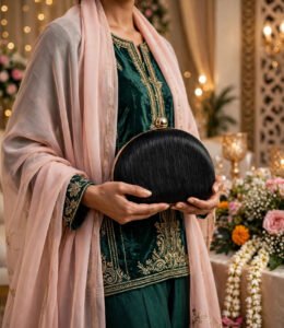 Woman holding black pleated clutch bag with green velvet kurta at a wedding