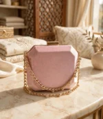 Blush pink velvet clutch bag for women with rhinestone gold chain