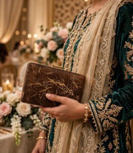 Woman holding a bridal wedding clutch bag with green velvet embroidered dress
