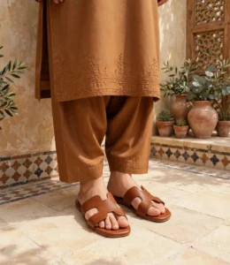 Brown leather flat chappal for women worn with a camel embroidered shalwar kameez