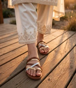 Comfortable ladies flat chappal with metallic straps worn with a cream desi suit