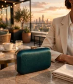 Emerald green evening clutch on marble table at rooftop dinner at sunset