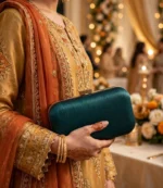 Woman holding emerald green clutch with golden embroidered suit and mehndi hands at wedding