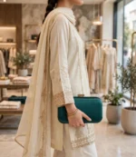 Ladies green clutch bag carried with cream embroidered shalwar kameez