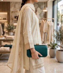 Ladies green clutch bag carried with cream embroidered shalwar kameez
