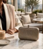 Evening clutch bag on cafe marble table with latte and cream blazer