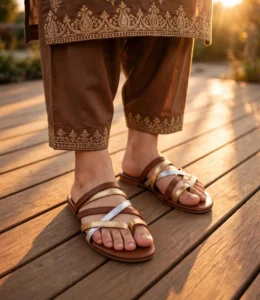 Fancy flat chappal for ladies in tan, gold and silver with a brown embroidered suit