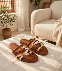 Flat chappal for ladies in tan brown with gold and silver strappy toe ring design