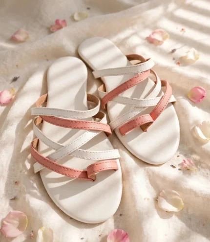 Pair of coral pink and cream white summer flat sandals for girls on linen with rose petals