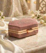 Glitter box clutch Pakistan rose pink hexagon party wear clutch with gold frame on marble