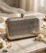 Champagne gold clutch for women with embellished crystal ball lock