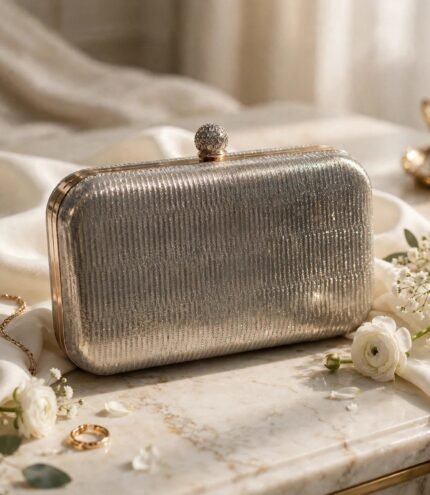 Champagne gold clutch for women with embellished crystal ball lock