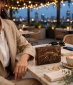 Golden crackle clutch bag on a restaurant table for a formal dinner outfit