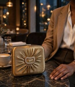 Golden evening clutch bag with crystal buckle on marble table at a cafe
