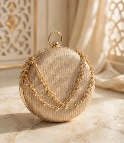 Champagne gold party wear clutch bag with sparkling diamante chain