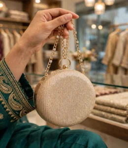 Hand holding golden glitter round clutch bag by its rhinestone chain