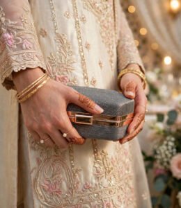 Girl with mehndi hands holding grey shimmer wedding clutch bag with gold bangles
