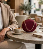 Maroon chain clutch bag for women placed on cafe table beside coffee cup