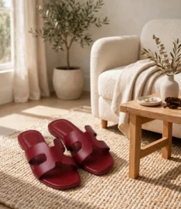 Pair of maroon H cutout flat slides for women on a jute rug