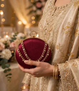 Woman holding maroon round wedding clutch bag with golden embroidered outfit