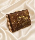 Brown party wear clutch bag with gold crackle design and gold metal frame on satin