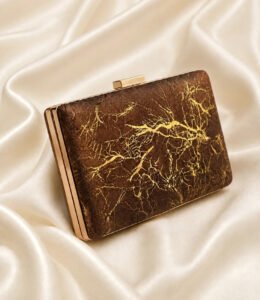 Brown party wear clutch bag with gold crackle design and gold metal frame on satin