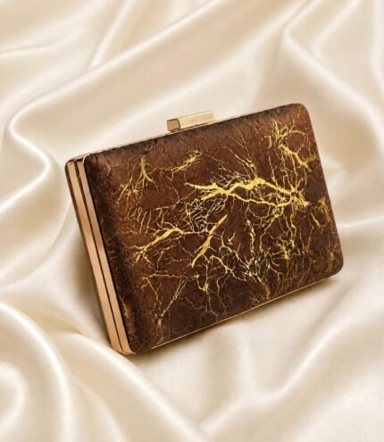 Brown party wear clutch bag with gold crackle design and gold metal frame on satin