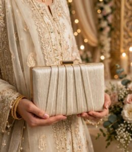 Woman holding ivory party wear clutch bag with embroidered wedding suit