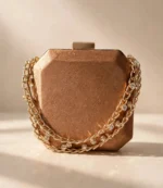 Rose gold suede party wear clutch bag with gold crystal chain strap