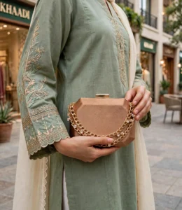 Woman holding rose gold chain clutch bag with sage green embroidered kurta