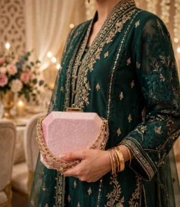 Pink bridal clutch bag for wedding paired with emerald embroidered suit